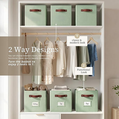 DECOMOMO Storage Bins, Cube Storage Bin with Labels, Fabric Storage Cubes for Shelves (10.5" x 11" / 6pcs, Sage Green)