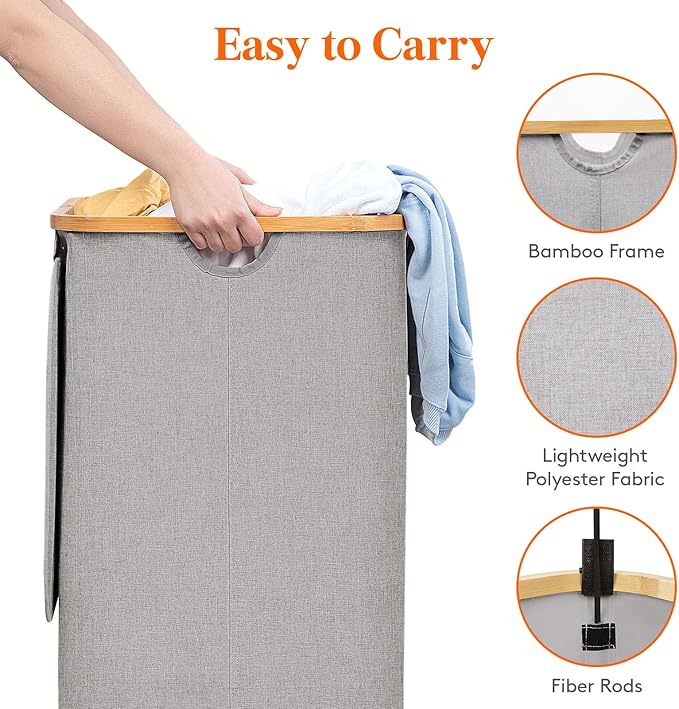 Lifewit 120L Laundry Basket with Lid, Clothes Hampers for Laundry with Bamboo Handles and 1 Removable Bag, Large Foldable Laundry Hamper for Bedroom, Bathroom, Dorm, Laundry Room, Light Gray