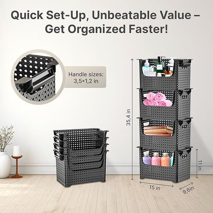 TidyFriend 4 Pk Large Stackable Storage Bins Open Front for Pantry Organizers and Storage, Pantry Storage for Food, Kitchen and Home Organization, Plastic Storage Bins, Dorm Room Essentials (Black)