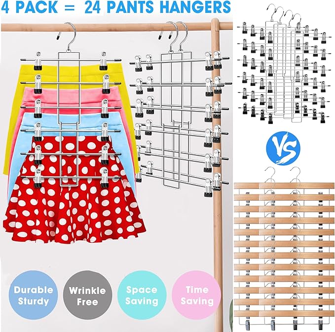 4 Pack Closet-Organizers-and-Storage, Metal Closet-Organizer-Pants-Hangers-Space-Saving, 6 Tier Organization and Storage Short Skirt Hangers Clip, Dorm Room Essentials for College Students Girls Boys