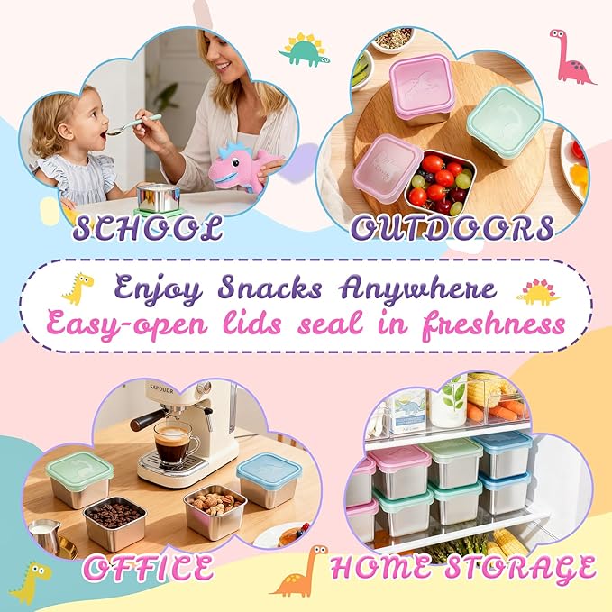 Tanjiae 6-Pack Small (6 oz) Stainless Steel Snack Containers for Kids, Easy-Open Toddler Snack Containers with Lids - Cute Dinosaur Small Stackable Metal Snack Box for Daycare, School, Travel