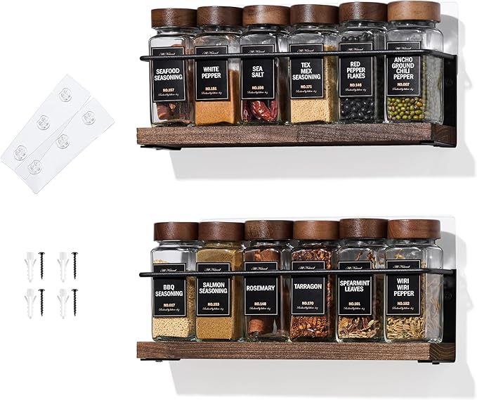 2-Tier Wall Mount Spice Rack Organizer - Screw/Adhesive Mount, Black Metal & Wood Spice Storage for Kitchen Pantry Cabinet, 11.6”W x 2.4”D x 3.2”H,Spice Jars Not Included