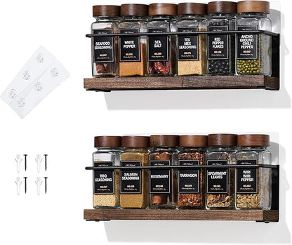 2-Tier Wall Mount Spice Rack Organizer - Screw/Adhesive Mount, Black Metal & Wood Spice Storage for Kitchen Pantry Cabinet, 11.6”W x 2.4”D x 3.2”H,Spice Jars Not Included