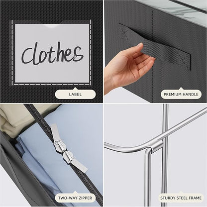 CYhom 3Pcs Under Bed Storage Bins with Metal Frame - Shoe Organizer for Closet with Clear Cover Oxford Fabric Sturdy Underbed Container Foldable Stackable Clothes Organizer (Black, 23.5x11.8x6.3)