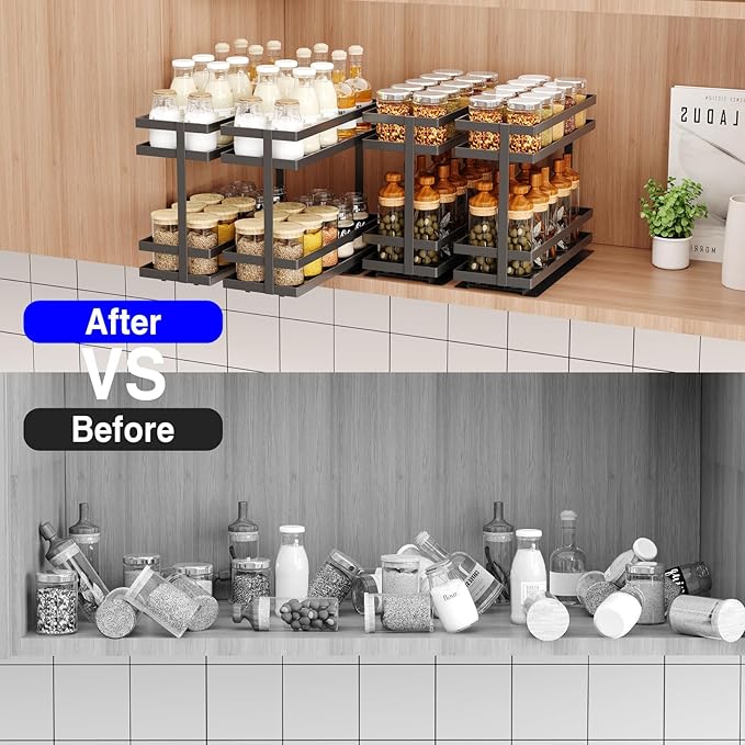 Mustorn 2 Pack Pull Out Spice Rack Organizer for Cabinet, 2 Tier Metal Slide Out Seasoning Organizer and Storage Heavy Duty Vertical Spice Rack Shelf Pullout for Kitchen Cabinets No Drilling (Black)