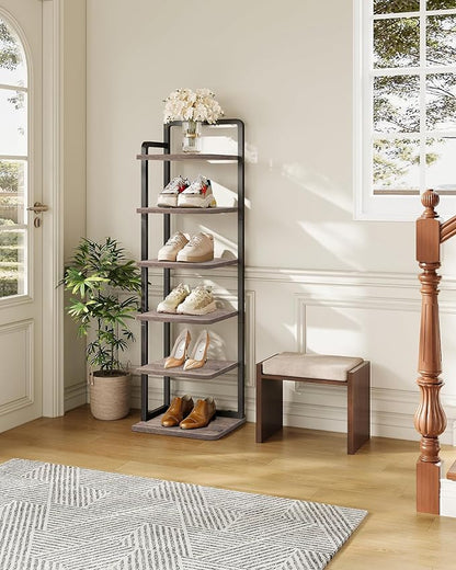 CHOEZON 6-Tier Vertical Shoe Rack, Narrow Shoe Tower, Corner Shoe Storage Organizer, Shoe Shelf, for Small Spaces, Industrial Style, for Entryway, Hallway, Living Room, Greige and Black TXJ06BG