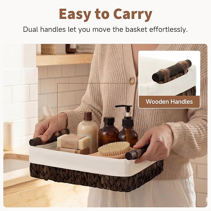 StorageWorks Small Baskets for Organizing with Wooden Handles and Liner, Wicker Toilet Paper Baskets for Back of Toilet Basket, Brown Water Hyacinth Bathroom Basket Organizer and Storage, 2 Pack