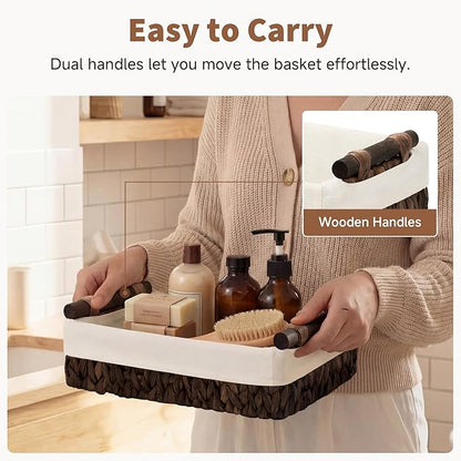 StorageWorks Small Baskets for Organizing with Wooden Handles and Liner, Wicker Toilet Paper Baskets for Back of Toilet Basket, Brown Water Hyacinth Bathroom Basket Organizer and Storage, 2 Pack