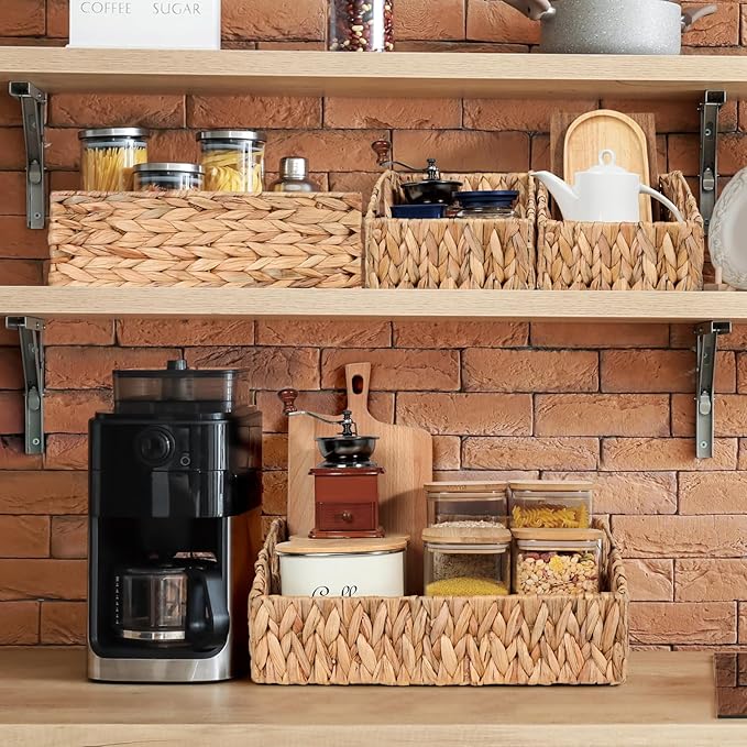 Rattan Storage Baskets, Handwoven Wicker Storage Bins with Built-in Handles, Storage Container Baskets for Shelves, Bedroom, Bathroom, Laundry Room or Kitchen(Natural)