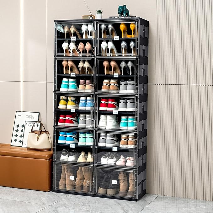 JEKO&JEKO 9 Tiers Foldable Boot Storage Shoe Rack Cabinet for Closet Entryway, Large Collapsible Shoe Organizer with Magnetic Doors (Black)