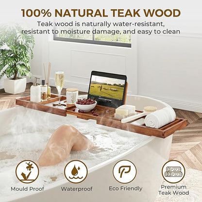 Venusmiles Teak Bathtub Tray Caddy, Foldable Bath Tray with Expandable Handles, Wine Glass and Phone Holders, Book Stand, for Home Spa Relaxation, Luxury Bathroom Accessories - Light Walnut Color