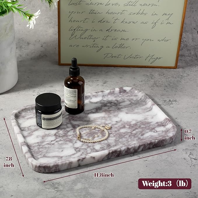 Karibiber Luxury Marble Vanity Tray, Bathroom Tray Countertop, Calacatta Marble/Stone, Home Decorative Dresser Organizer, Storage for Kitchen Sink, Perfume Jewelry Holder(Purple&White)