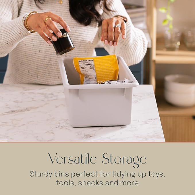 Cubby Storage Bins with Lids, 10-Pack Stackable Plastic Organizer Containers for Pantry, Office, Garage - Nestable with Handles, Light Grey