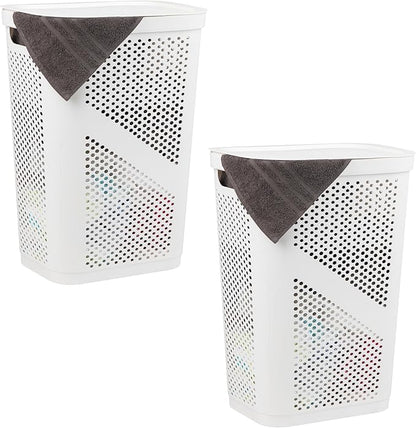 Mind Reader 60L Slim Laundry Hamper, Clothes Basket, Lid, Ventilated, Plastic, Set of 2, White