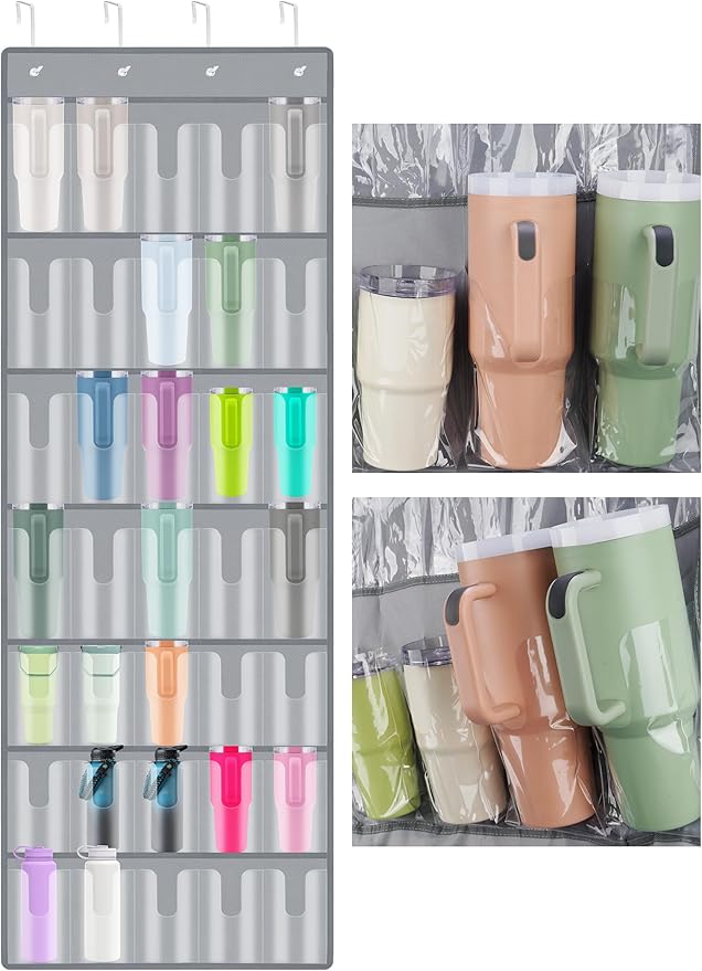 NiHome 35 Pockets Door Hanging Organizer Fit for Stanley 30oz 40oz Tumblers with Handles, Deep Clear Pockets with Handle Slots, Waterproof Oxford Fabric for Kitchen, Cabinet, Pantry, Closet (Gray)