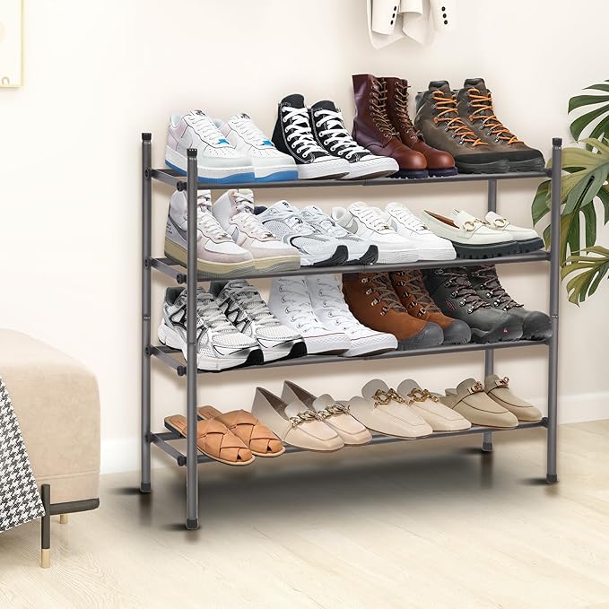 Shoe Rack, Expandable Shoe Storage Organizer for Closet, 4 Tier Metal Shoe Rack for Entryway, Adjustable Small Shoe Shelf for Front Door Entrance, Small Space, Garage