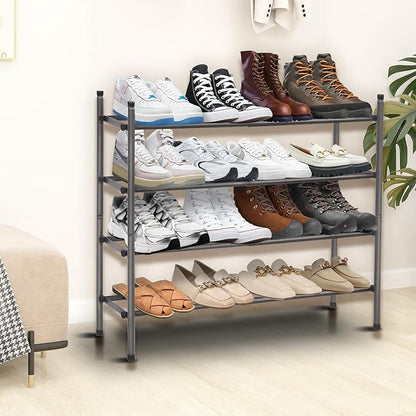 Shoe Rack, Expandable Shoe Storage Organizer for Closet, 4 Tier Metal Shoe Rack for Entryway, Adjustable Small Shoe Shelf for Front Door Entrance, Small Space, Garage
