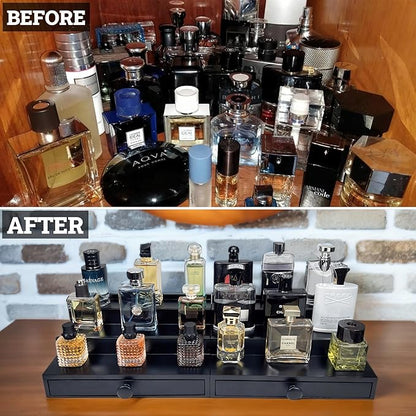 Wooden Cologne Organizer for Men 3 Tier | Black Perfume Holder Shelf for Dresser | High Grade Velvet Lining and Stylish Gift Box | Uncluttered Design Perfume Display Stand