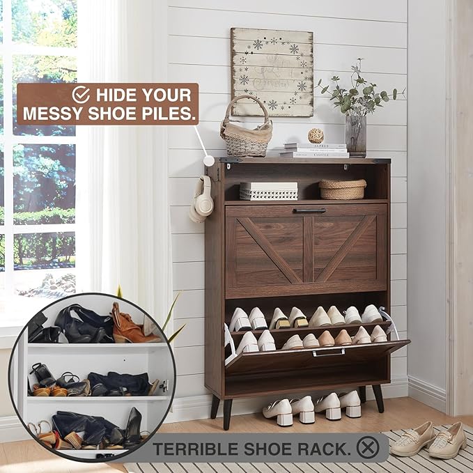 Barnyatoh Shoe Storage Cabinet,Farmhouse Shoe Organizer with 2 Flip Drawers & Barn Door Design,Freestanding Hidden Slim Narrow Shoe Rack Cabinet with Open Storage for Entryway, Foyer,Hallway, Walnut