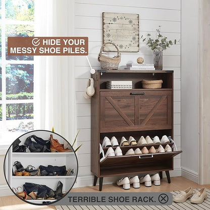 Barnyatoh Shoe Storage Cabinet,Farmhouse Shoe Organizer with 2 Flip Drawers & Barn Door Design,Freestanding Hidden Slim Narrow Shoe Rack Cabinet with Open Storage for Entryway, Foyer,Hallway, Walnut