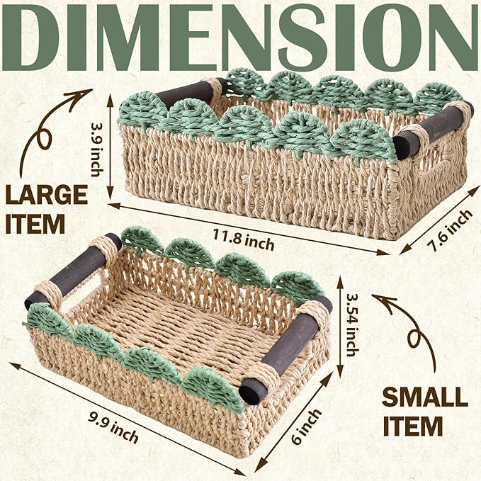 Wicker Basket with Built-in Handles, Small Scalloped Basket for Organizing, Set of 2 Decorative Baskets for Home and Toilet Paper Storage（Beige+Green）