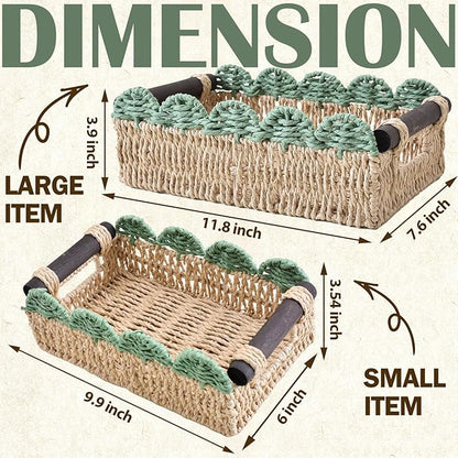 Wicker Basket with Built-in Handles, Small Scalloped Basket for Organizing, Set of 2 Decorative Baskets for Home and Toilet Paper Storage（Beige+Green）