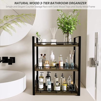 Bathroom Counter Organizer, 3 Tier Wood Countertop Shelf for Vanity, Skincare, Makeup, Kitchen Coffee and Sink Storage, with Durable Metal Bracket (Deep Brown)