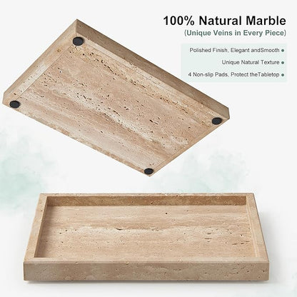 Large Travertine Vanity Tray, Luxury Stone Organizer for Bathroom & Kitchen Counter | Holds Soap Dispenser, Jewelry, Perfume Bottles | Non-Resin, Non-Ceramic Décor