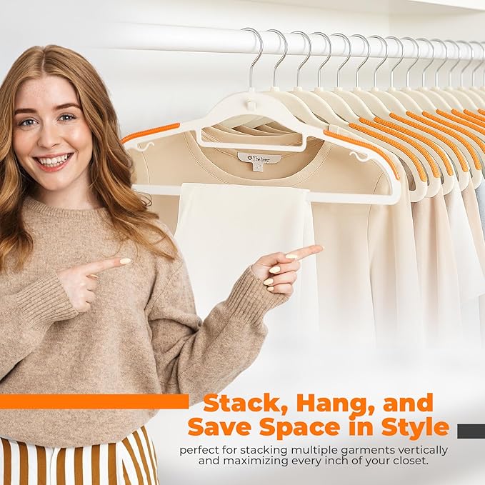 Lightweight White Plastic Hangers 20 Pack with Cascading Hook, Space Saving Thin, Closet Organizer, Orange Anti-Slip Pads, 360° Swivel, Tie Holder