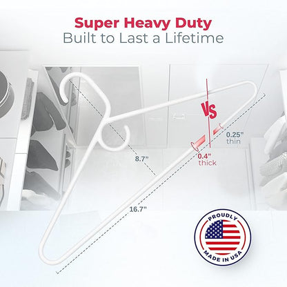 Super Heavy Duty Clothes Hangers 12 Pack – Made in the USA - 10lb Capacity, Thick Plastic Hangers for Pants, Coats, Jackets, Jeans and Adult Clothing – White & Gray