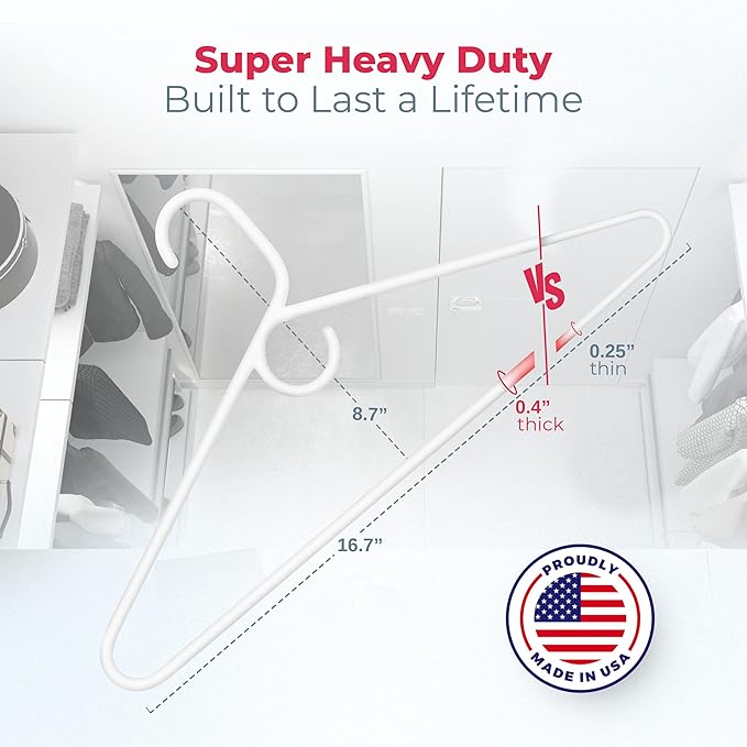 Super Heavy Duty Clothes Hangers 20 Pack (24 Count) – Made in the USA - 10lb Capacity, Thick Plastic Hangers for Pants, Coats, Jackets, Jeans and Adult Clothing – White & Pink