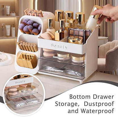 Makeup Organizer for Vanity with Brush Holder, Countertop Makeup organizer with Drawers for Skincare, Cosmetics, Perfumes, Eyeshadow Palettes, Spacious Cosmetic storage organizer