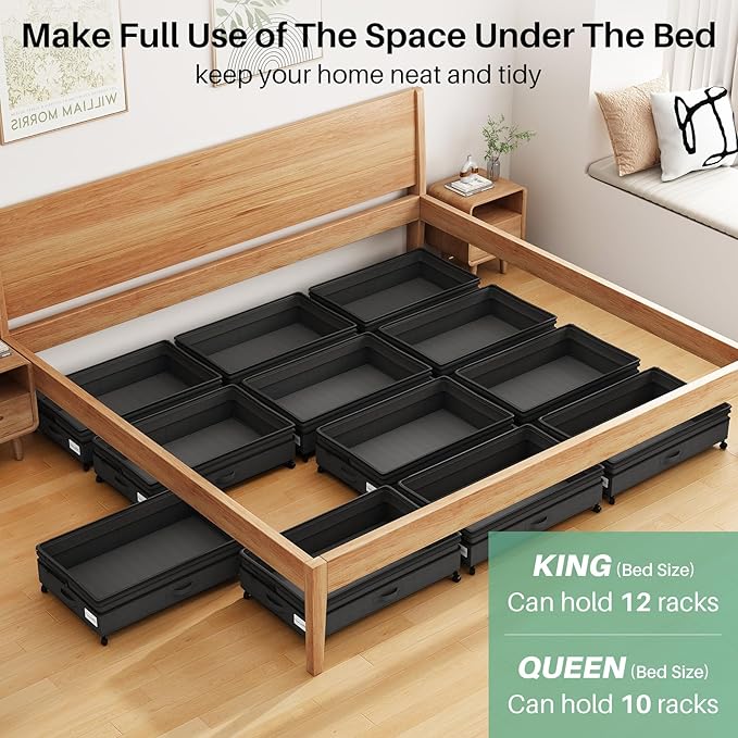 Kitstorack 4 Pack Height-adjustable Under Bed Storage with Wheels, Under Bed Storage Containers,Under Bed Shoe Storage Organizer with Clear Window&Label, Suitable for Clothes Storage, Black
