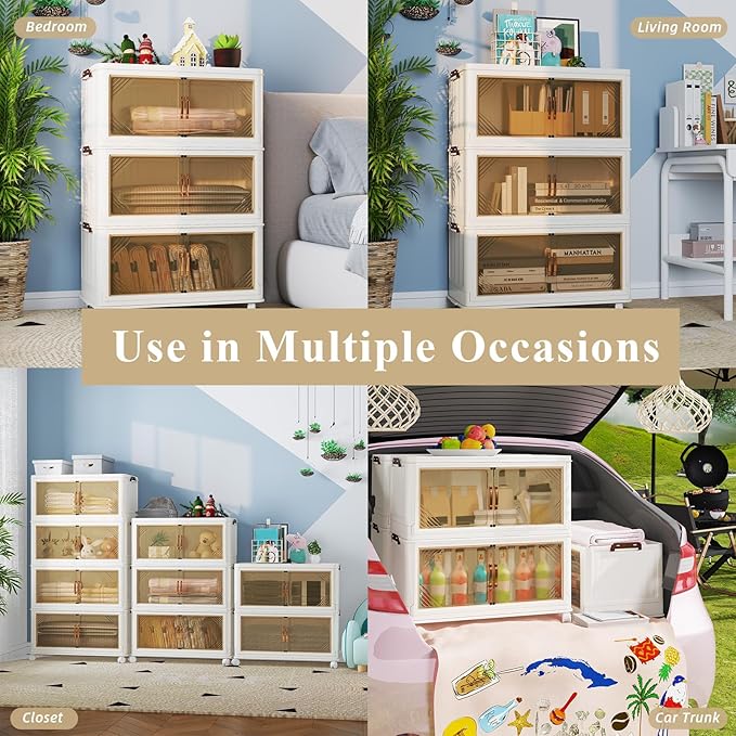 Storage Bins with Lid, 83 Gal/333 Qt Capacity, 3 Pack Large Stackable Storage Bins with Lid, White Collapsible Storage Bins with Wheels, Foldable, Customizable, for Home Office Organization