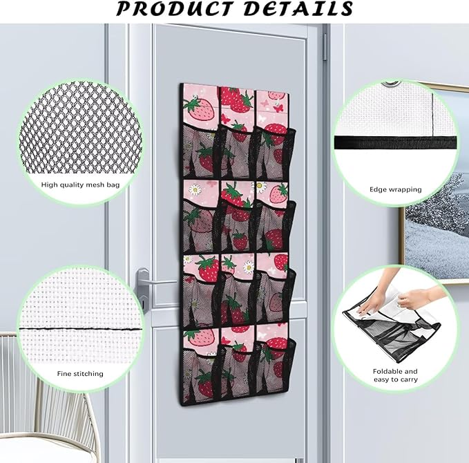 Large Capacity 12-Pocket Behind The Door Hanging Organizer, Oxford Fabric Waterproof Foldable Storage Bag for Bathroom Bedroom Pantry, Cute Strawberry Floret