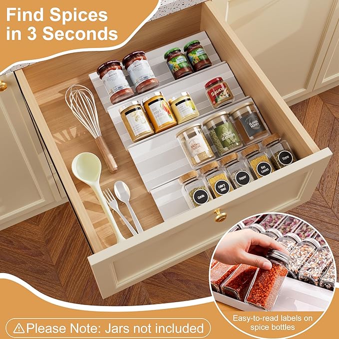 Spice Drawer Organizer 4 Tier, Adjustable White Kitchen Seasoning Rack Tray (13" to 26"), with Anti-Slip Mat, for Cabinet Countertop (Jars Not Included)-White