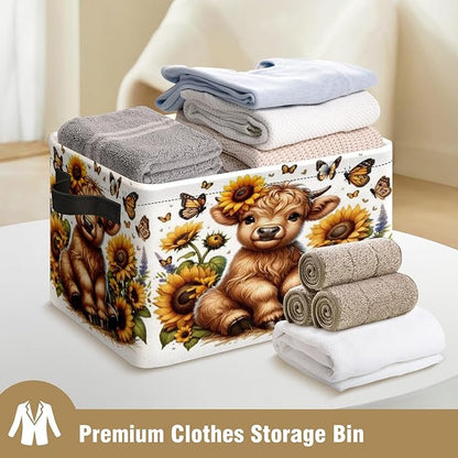 Highland Cow Sunflower Butterfly Storage Basket Large Foldable Storage Bin Cube Collapsible Organizer for Pantry Bedroom Decor