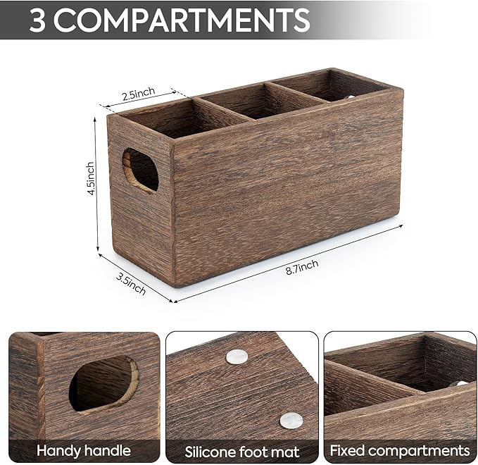 VIVIRBIEN Wooden Silverware Holder, Kitchen Utensil Caddy with 3 Compartments, Cutlery Storage Organizer Countertop, Flatware Organizer for Party, Spoon, Fork Holder