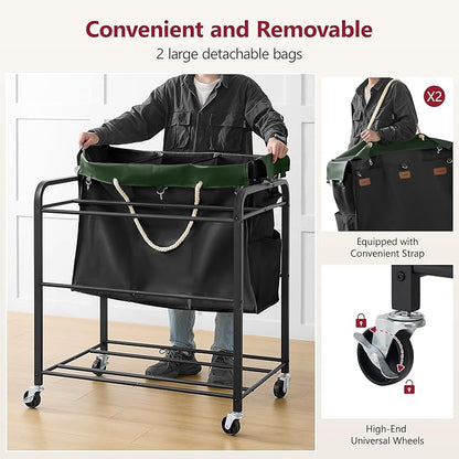 Tajsoon 350L Extra Large Laundry Sorter 6 Section, Heavy Duty Laundry Basket with Lockable Wheels, Laundry Cart with Sturdy Metal Frame, Leather Patchwork Laundry Separated with Removable Bags, Black