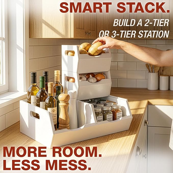 HOMESTEAD Stackable Solid Wood Storage Bins for Kitchen Pantry & Countertop, Ventilated Potato and Onion Basket Organizer with Handles, Wooden Produce Storage Containers, 3-Pack, White