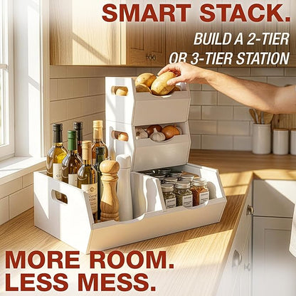 HOMESTEAD Stackable Solid Wood Storage Bins for Kitchen Pantry & Countertop, Ventilated Potato and Onion Basket Organizer with Handles, Wooden Produce Storage Containers, 3-Pack, White