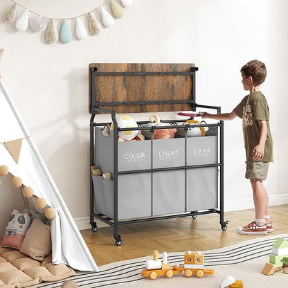 Hoctieon 3 Section Laundry Sorter Cart with Ironing Board, Laundry Hamper with Shelf and Rolling Wheels, Heavy Duty Laundry Basket Organizer, Large Clothes Separator Hamper with Removable Bags, Gray