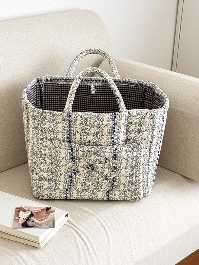 Storage Basket Boho Fabric Large Collapsible Floral Laundry Nursery Hamper Portable Folding Storage for Clothes Toys (Vine-Blue B)
