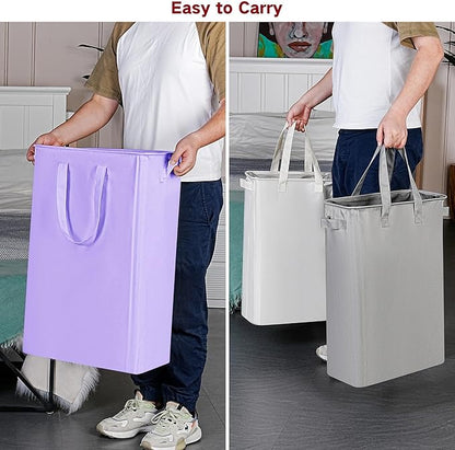 efluky Slim Laundry Basket, Narrow Laundry Hamper with Handles, Collapsible Dirty Clothes Hamper, Tall Laundry Bin for Laundry Room, Dorm and Bedroom, 19.8 Gallon (75L) Light Purple