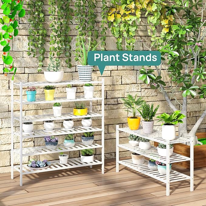 viewcare 3-Tier Long Shoe Rack, Bamboo Wood Shoe Rack for Closet, Entryway & Hallway, Stackable White Shoe Shelf Storage Organizer for Indoor Outdoor