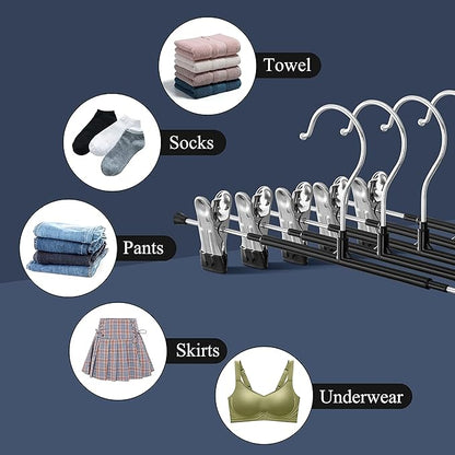 50PACK Pants Hangers with Clips Adjustable Skirt Hangers for Women Black Metal Non-Slip Trousers Hanger Heavy Duty Space Saving Clothes Hangers for Shorts,Jeans,12Inch