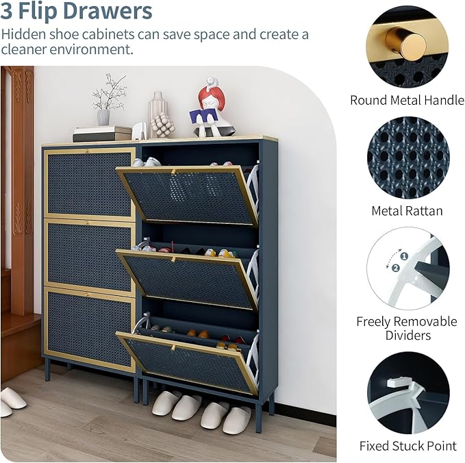 Natural Rattan Shoe Cabinet with 3 Flip Drawers, Entrance Hallway Free Standing Shoe Racks with Metal Legs for Heels, Boots, Slippers (Blue)