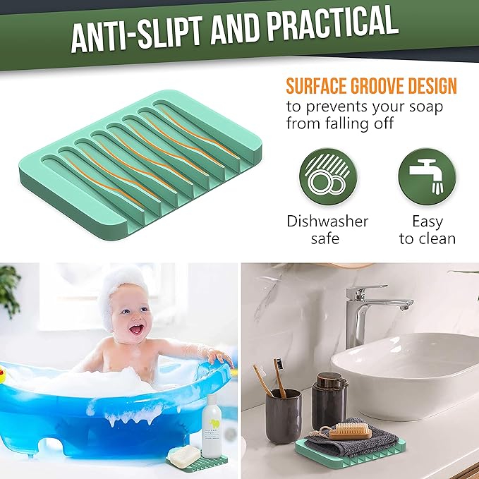 ZAPPOWARE 2-Pack Silicone Soap Dish with Drain - Bar Soap Holder (Light Green) for Shower & Bathroom Sink - Self Draining Waterfall Soap Saver Tray for Kitchen, Prevents Sticky Mess, Easy to Clean