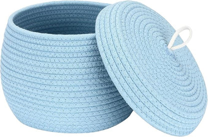 Sea Team Round Cotton Rope Storage Basket with Lid, Decorative Woven Storage Bin, Pot, Caddy, Organizer, Container for Snacks, Towels, Plants, 10 x 7.5 Inches (Small, Blue)