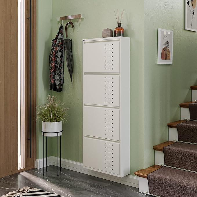CEHA 4 Tier Metal Shoe Cabinet with Cover, Durable Shoe Storage Organizer for Entryway, Space Saving Shoe Shelf Closet with Front Ventilation Holes, 5.91" x 53.5" x 19.68", White